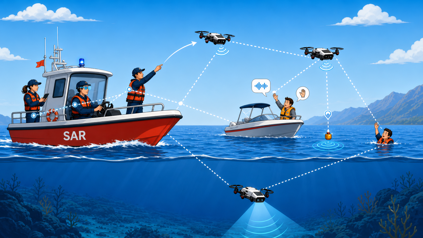 A search-and-rescue network connecting responders, two boats, a victim, aerial drones and an underwater drone.